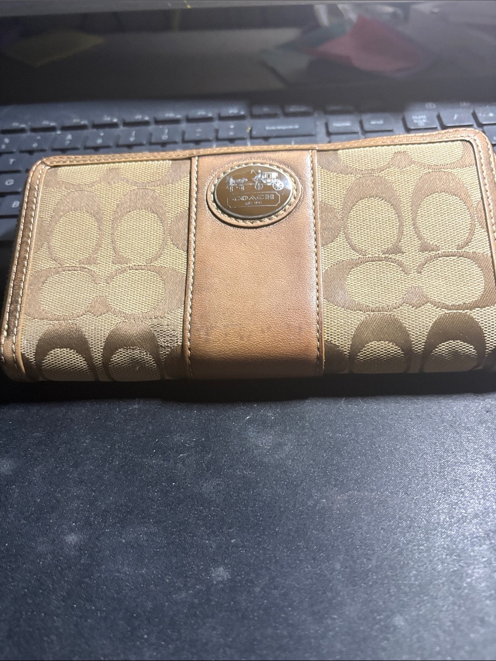 Coach Tan Signature Canvas Continental Wallet with Leather Trim
